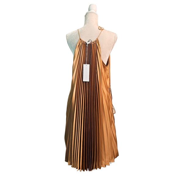 NWT Stella Mccartney Gold Satin Pleated Lace Up Midi Dress $1225 Sz IT 40 US 4 - Picture 4 of 13